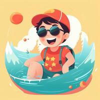 jongen genieten van zomer vakantie, tekenfilm illustratie met generatief ai foto