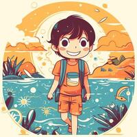 jongen genieten van zomer vakantie, tekenfilm illustratie met generatief ai foto