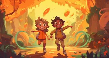 kinderen rennen in de omgeving van in de veld- met de zon achter hen, tekenfilm illustratie met generatief ai foto
