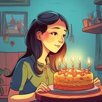 een meisje is Holding een taart terwijl vieren een verjaardag, tekenfilm illustratie met generatief ai foto