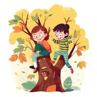 twee kinderen spelen in de omgeving van de boom, tekenfilm illustratie met generatief ai foto