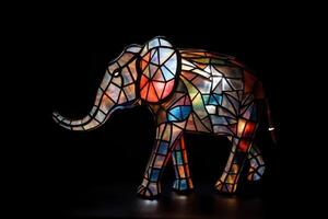 een olifant gemaakt van gebrandschilderd glas Aan een donker achtergrond gemaakt met generatief ai technologie. foto