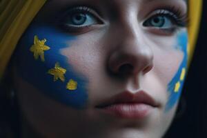 dichtbij omhoog van een vrouw gezicht met oekraïens kleuren gemaakt met generatief ai technologie. foto