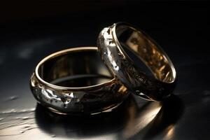 twee bruiloft ringen gemaakt van vloeistof kwik gemaakt met generatief ai technologie. foto
