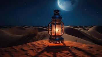 een beeld van een verlichte eid lantaarn Bij nacht met generatief ai foto