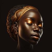 portret van een Afrikaanse vrouw met Gesloten ogen en mooi gouden verzinnen. generatief ai foto