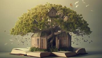 een boomhut gebouwd in de omgeving van een reusachtig boek. generatief ai foto