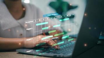 bedrijf project beheer systeem. project manager werken Aan laptop en updaten taken en mijlpalen vooruitgang planning met gantt tabel het roosteren koppel voor de bedrijf Aan virtueel scherm. foto