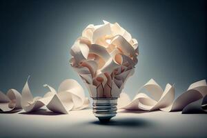 nieuw idee concept met verfrommeld kantoor papier en licht lamp. inspiratie concept verfrommeld papier licht lamp metafoor voor kiezen de het beste idee. generatief ai. foto