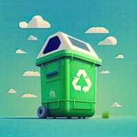 illustratie tekenfilm van uitschot recyclen. bak houder voor verwijdering vuilnis verspilling en opslaan omgeving. groen vuilnisbak voor recycle glas kan afval. generatief ai foto