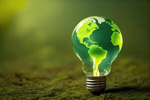 milieu bescherming, hernieuwbaar, duurzame energie bronnen. de groen wereld kaart is Aan een licht lamp dat vertegenwoordigt groen energie hernieuwbaar energie dat is belangrijk naar de wereld. generatief ai foto