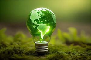 milieu bescherming, hernieuwbaar, duurzame energie bronnen. de groen wereld kaart is Aan een licht lamp dat vertegenwoordigt groen energie hernieuwbaar energie dat is belangrijk naar de wereld. generatief ai foto