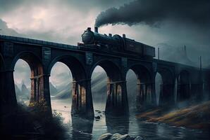 surrealistische somber landschap met brug en trein. ai gegenereerd foto