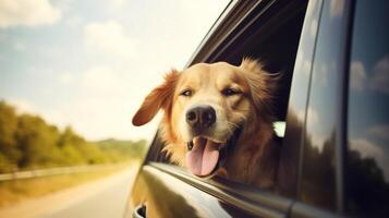 een gelukkig honden reizen avontuur Aan een zonnig auto rijden. generatief ai foto