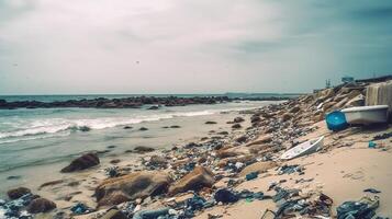 strand overweldigd door vuilnis en plastic afval. generatief ai foto