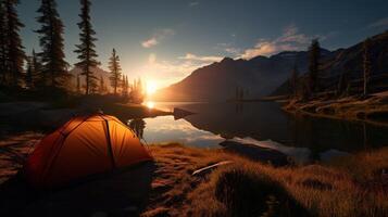 dageraad in de wild camping Bij zonsopkomst. generatief ai foto