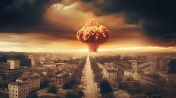 de Apocalypse ontketend enorm nucleair bom explosie. generatief ai foto