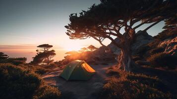 dageraad in de wild camping Bij zonsopkomst. generatief ai foto