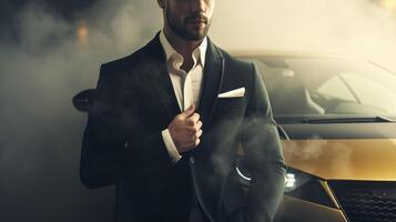 een detailopname van een rijk zakenman staand in voorkant van een luxueus supercar. generatief ai foto