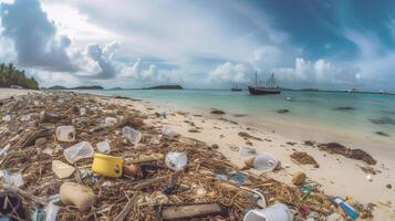 strand overweldigd door vuilnis en plastic afval. generatief ai foto