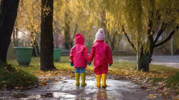 kinderen in rubber laarzen wandelen in de park. generatief ai foto