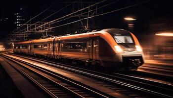 foto van modern hoog snelheid trein voorbijgaan door de stad Bij nacht. generatief ai