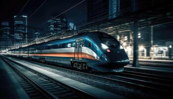 foto van modern hoog snelheid trein voorbijgaan door de stad Bij nacht. generatief ai