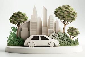 eco vriendelijk auto met stadsgezicht papier besnoeiing stijl, hernieuwbaar en duurzame energie concept. generatief ai foto