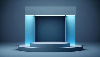 realistisch 3d blauw thema podium voor Product Scherm. ai gegenereerd foto