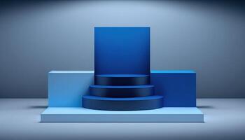 realistisch 3d blauw thema podium voor Product Scherm. ai gegenereerd foto