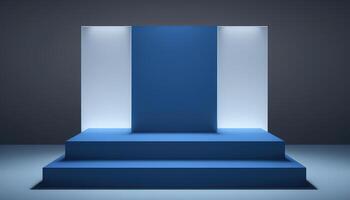 realistisch 3d blauw thema podium voor Product Scherm. ai gegenereerd foto