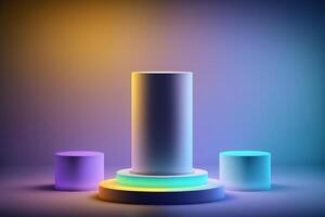 realistisch 3d cilinder met een kleurrijk neon licht podium voor Product Scherm. ai gegenereerd foto