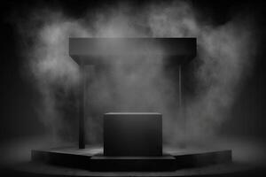realistisch 3d podium met rook en donker kleur voor Product Scherm. ai gegenereerd foto