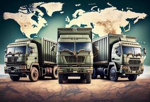 vrachtwagens met lading Aan de achtergrond van de wereld kaart. genereren ai. foto