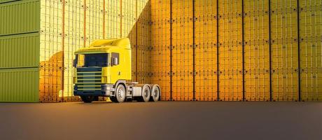 gele vrachtwagen met veel stapels containers, 3D-rendering foto