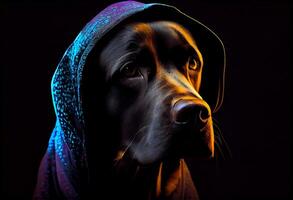 hoog detail, dichtbij omhoog portret, een zwart labrador in gescheurd capuchon, op zoek Bij de camera, studio schot, , donker modus, verdrietig, diepte van veld, mode, neon gloed tegenlicht, silhouet. genereren ai foto