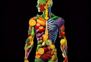 gezond voeding en eetpatroon concept. menselijk lichaam gemaakt van vers fruit en groenten. genereren ai. foto