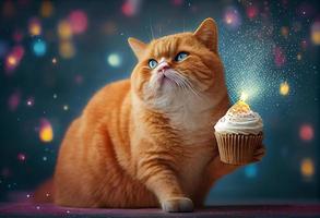 ig gember kat viert verjaardag met koekje Aan feestelijk bokeh achtergrond. genereren ai. foto