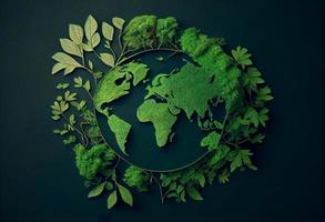milieuvriendelijk vriendelijk planeet. symbolisch boom gemaakt van groen bladeren en takken met schetsen kaart van de wereld. minimaal natuur concept. denken groente. ecologie concept. top visie. vlak leggen. genereren ai foto