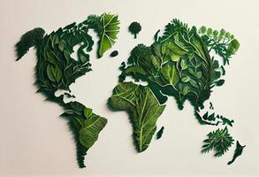 milieuvriendelijk vriendelijk planeet. symbolisch boom gemaakt van groen bladeren en takken met schetsen kaart van de wereld. minimaal natuur concept. denken groente. ecologie concept. top visie. vlak leggen. genereren ai foto