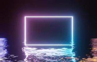 neon gekleurd lichtframe op gereflecteerd water, 3D-rendering foto