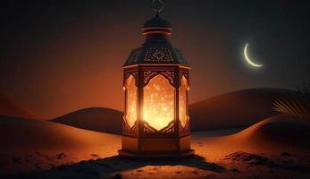 Arabië Sahara lantaarn en maan opstelling voor groet Ramadan of eid mubarak kaarten, genereren ai foto