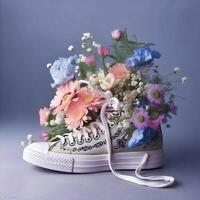 boeket van bloemen in sneaker in retro stijl. ai generatief foto