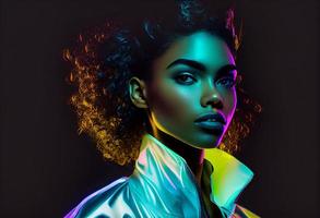 mode portret mooi zwart vrouw, kijken Bij camera, in neon studio verlichting. genereren ai. foto