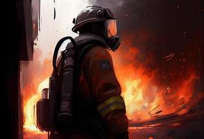 brandweerman gezien van achter met een groot brand in de achtergrond. genereren ai. foto