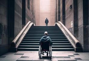 Mens in een rolstoel met een trappenhuis in de achtergrond. genereren ai. foto