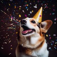 schattig hond met een partij hoed vieren haar verjaardag, confetti vallen. genereren ai foto