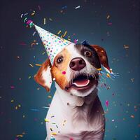 schattig hond met een partij hoed vieren haar verjaardag, confetti vallen. genereren ai foto