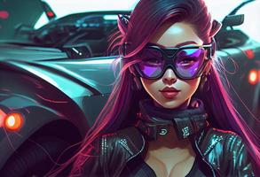 mode cyberpunk meisje rit een supercar Aziatisch vrouw met toekomst digitaal bril, realistisch. genereren ai foto