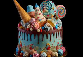 viering partij verjaardag taart met veel van suikerglazuur en decoraties. genereren ai foto